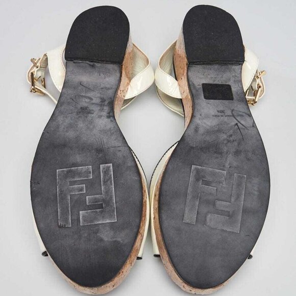 Fendi White/Black Patent Leather Platform Ankle Wrap Sandals Size 8/38.5 - Picture 3 of 5